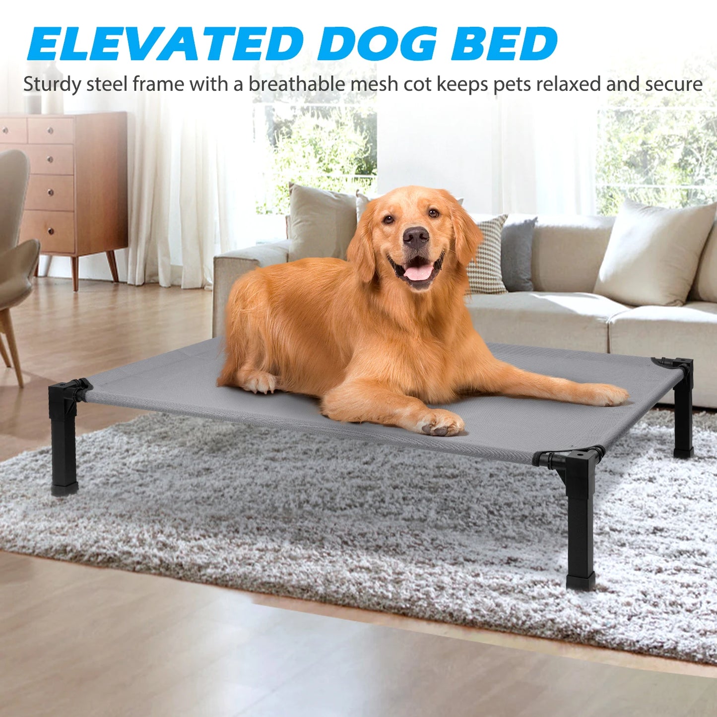 Elevated Cooling Dog Bed – Raised Pet Cot with Breathable Mesh, Chew-Resistant Washable Fabric & Metal Frame, Portable Dog Bed for Indoor & Outdoor Use.
