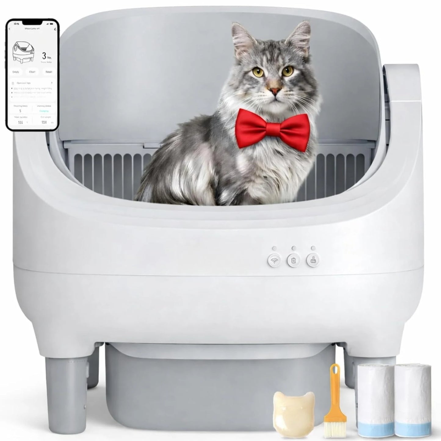 Automatic Self-Cleaning Cat Litter Box – App-Controlled Open-Top Design with Safety Sensors and Customizable Features.