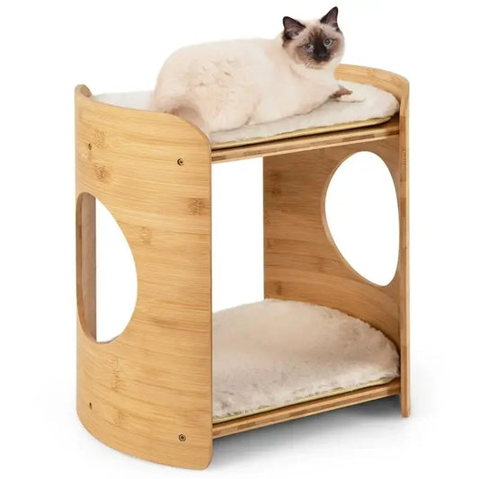 2-Tier Cute Cat Furniture for Indoor Cats – Small Beige Cat Tower with Natural Bamboo Frame & Cozy Perches.