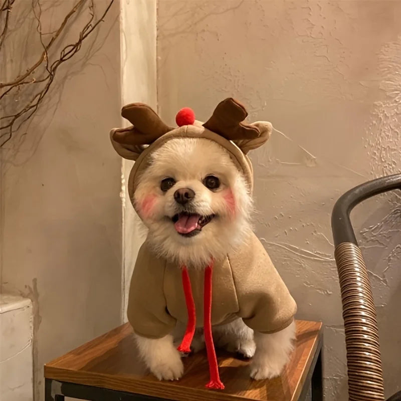 Christmas Reindeer Dog Hoodie – Deer Antlers Hooded Sweater for Small & Medium Dogs.