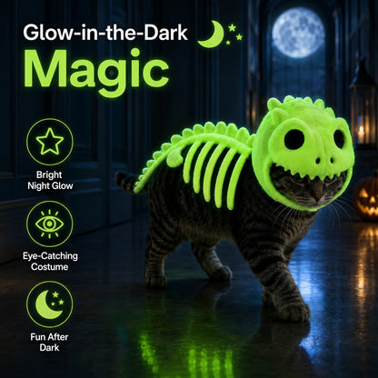 Glow-in-the-Dark Dinosaur Skeleton Pet Costume – Plush Hooded Halloween Cosplay Outfit for Cats & Small Dogs.