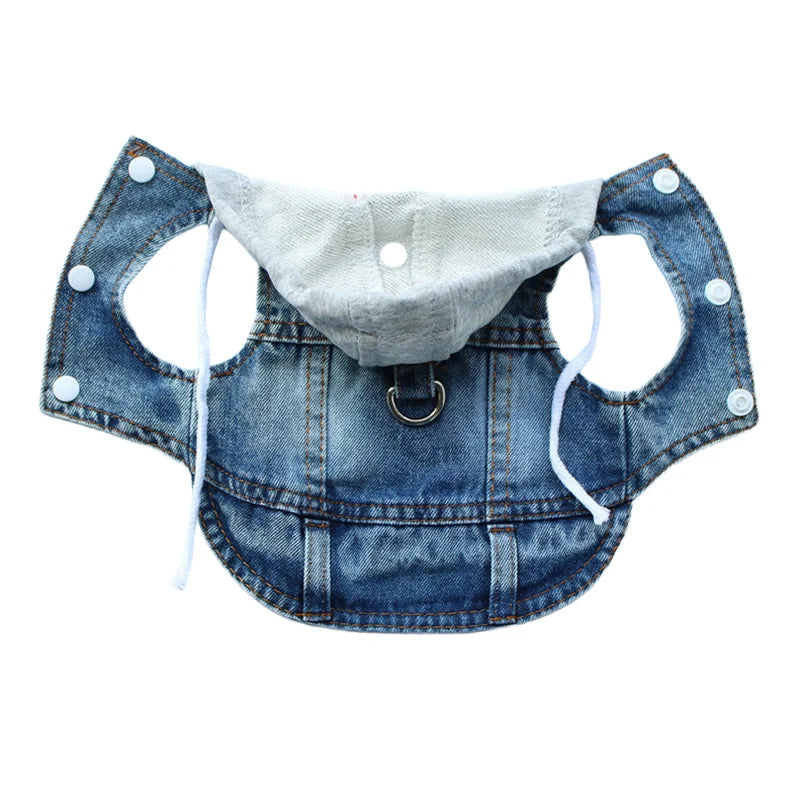 Cool Denim Dog Jacket Vest – Hoodie Style with D-Ring Harness for Small & Medium Dogs & Cats, Spring Walking Coat for Puppies.