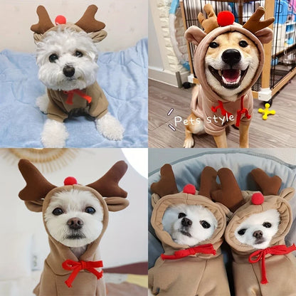 Christmas Reindeer Dog Hoodie – Deer Antlers Hooded Sweater for Small & Medium Dogs.
