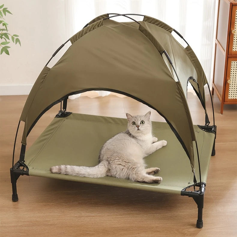 Summer Elevated Pet Tent Bed with Sunshade, Foldable Outdoor Camping Shelter for Dogs and Cats.