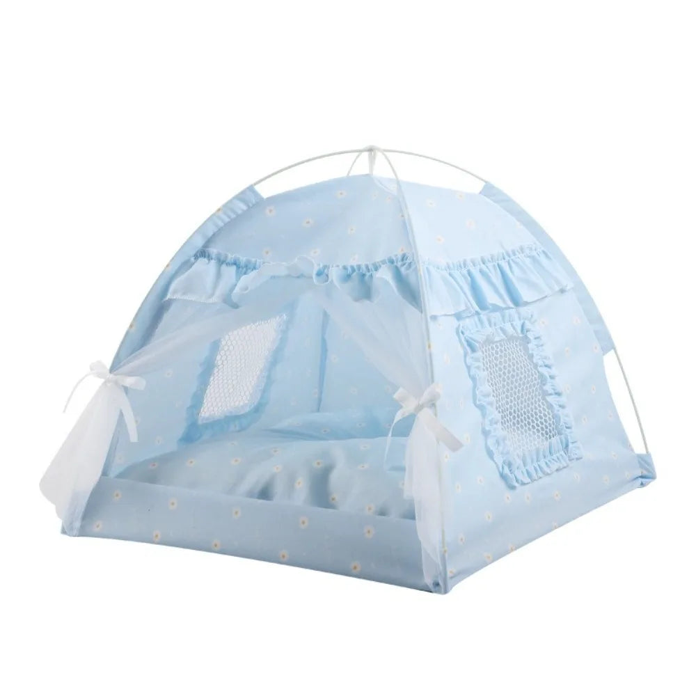 Foldable Princess Pet Tent Bed with Floral Print and Removable Cushion for Cats and Small Dogs.
