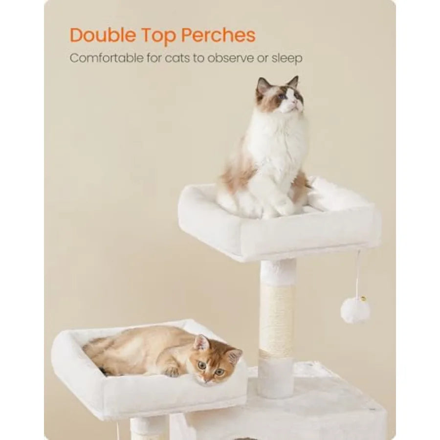 45.3-Inch Cat Tree Tower – Plush Cat Condo with Scratching Posts, Ramp, Perch & Spacious Cave for Indoor Cats, Cream White.