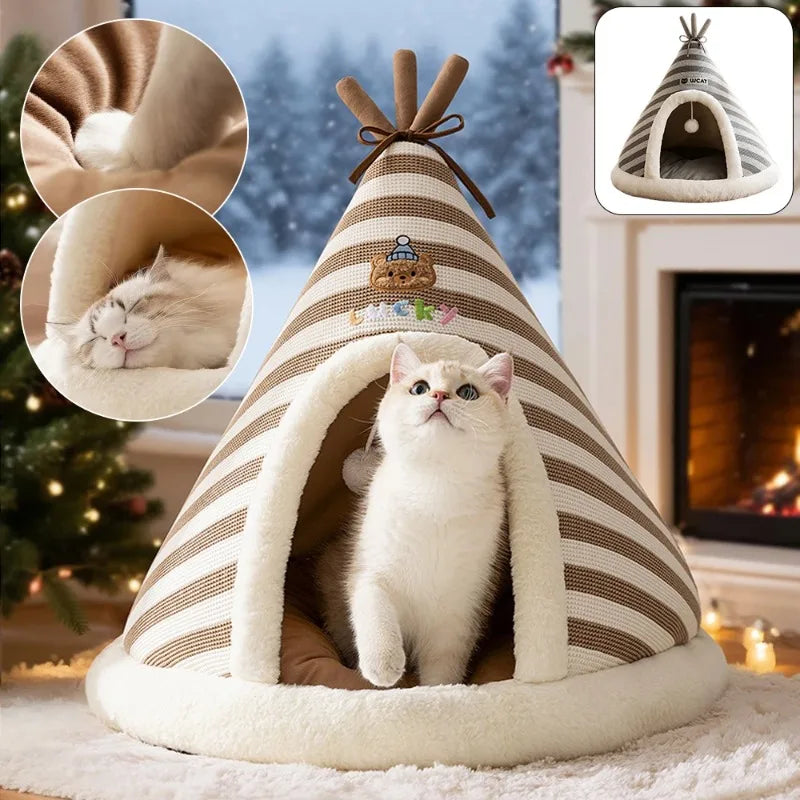 Self-Warming Plush Pet Tent Bed with Removable Washable Cover for Cats and Small Dogs.
