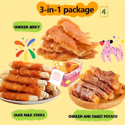 Mixed Flavor Dog Treat Variety Pack (1–1.2 lb), Cheese Duck Jerky, Chicken Milk Jerky & Duck Jerky, High-Protein, Low-Fat, Long-Lasting Chews for Training Rewards.