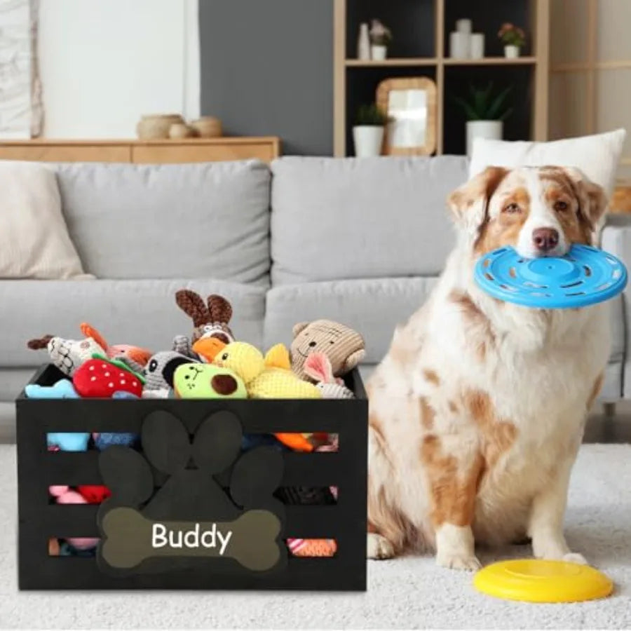 Large Wooden Dog Toy Storage Bin with Handles, Label Holder, and Paw Print Design