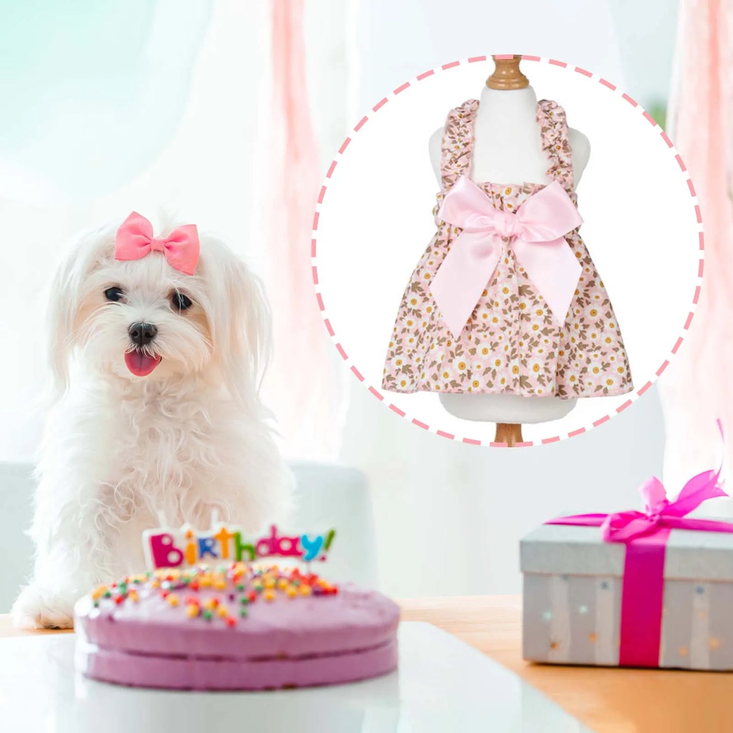 1PC Floral Pet Dress – Romantic Pink Summer Skirt for Small Dogs & Cats, Cute Chihuahua Pet Clothing Outfit.