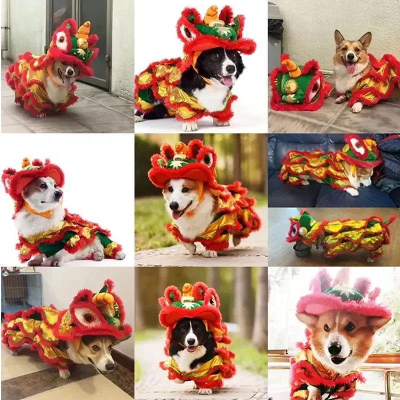 New Year Pet Costume – Chinese Dragon & Lion Dance Cosplay Outfit for Dogs & Cats, Festive Red Lucky Party Clothing for Pets.