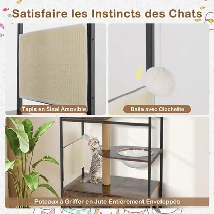 Industrial Cat Tree with Litter Box Enclosure – Multi-Level Cat Condo Furniture with Scratching Posts for Indoor Cats, Rustic Brown.