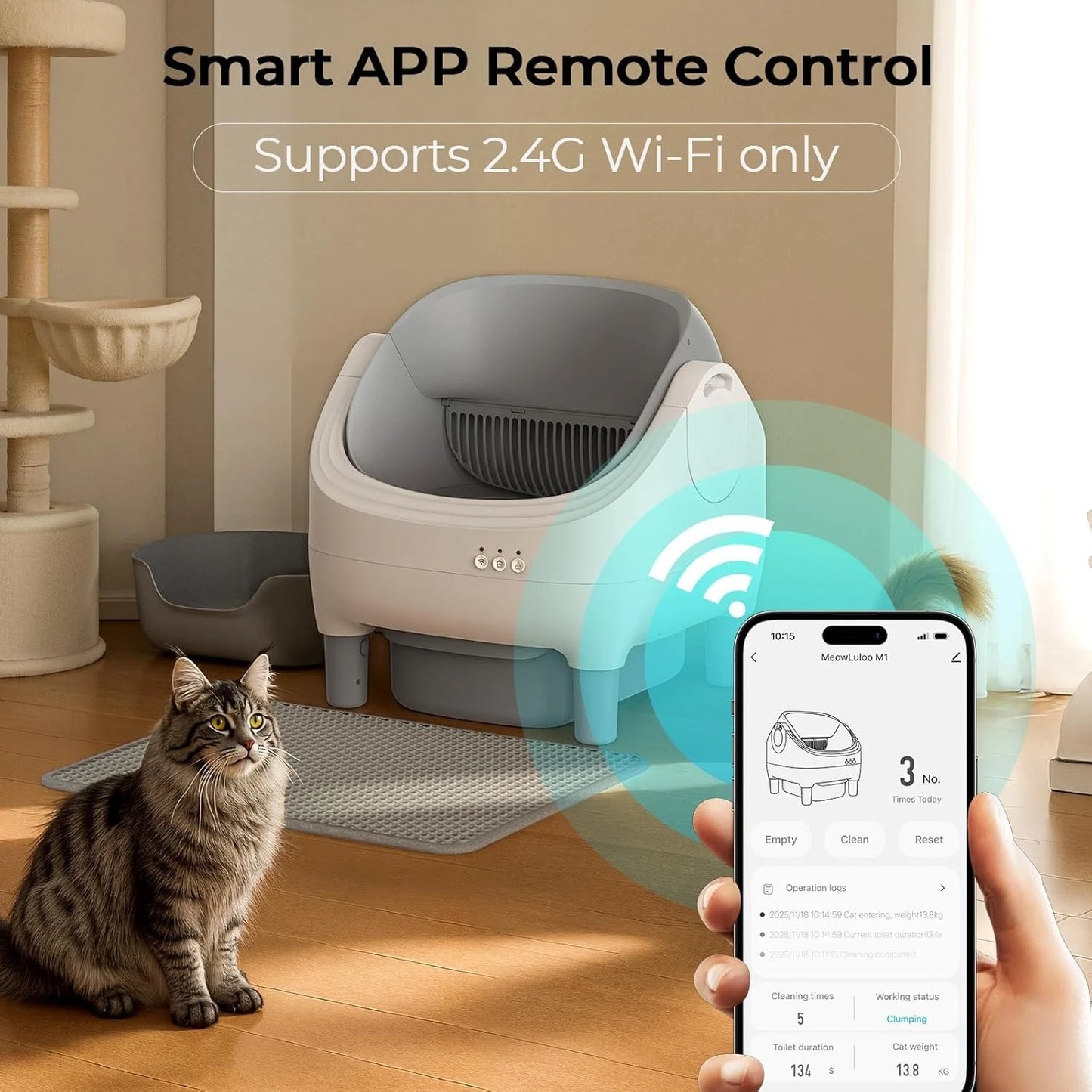 Automatic Self-Cleaning Cat Litter Box – App-Controlled Open-Top Design with Safety Sensors and Customizable Features.