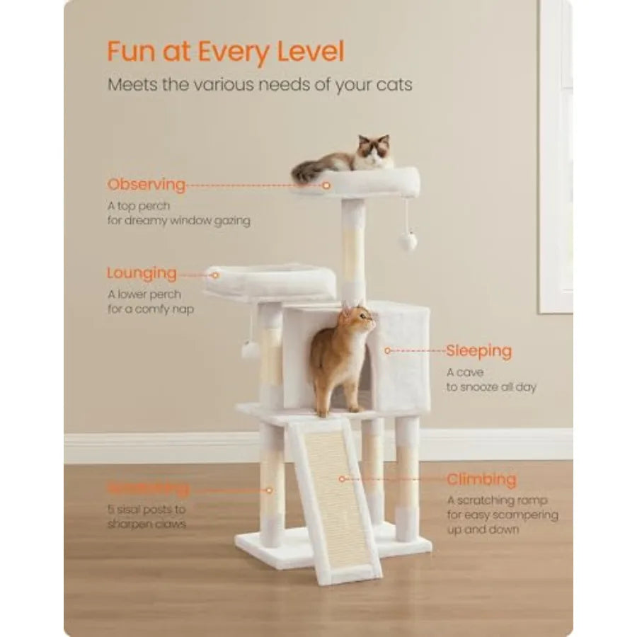 45.3-Inch Cat Tree Tower – Plush Cat Condo with Scratching Posts, Ramp, Perch & Spacious Cave for Indoor Cats, Cream White.