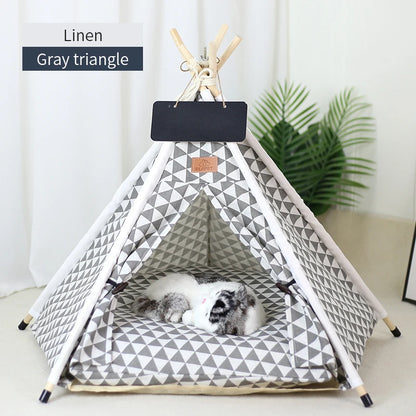 Portable Pet Teepee Tent Bed with Washable Cushion for Cats, Puppies, and Small Dogs.