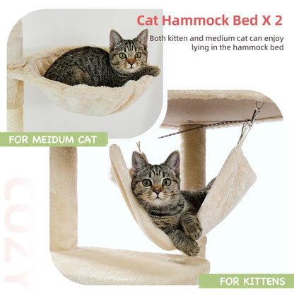 Adjustable Floor-to-Ceiling Cat Tree Tower (236–258cm) – Indoor Cat Condo with Natural Scratching Posts, Acrylic Perch, Hammock Beds & Cozy Cave.