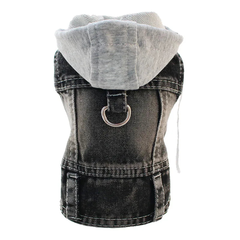 Cool Denim Dog Jacket Vest – Hoodie Style with D-Ring Harness for Small & Medium Dogs & Cats, Spring Walking Coat for Puppies.