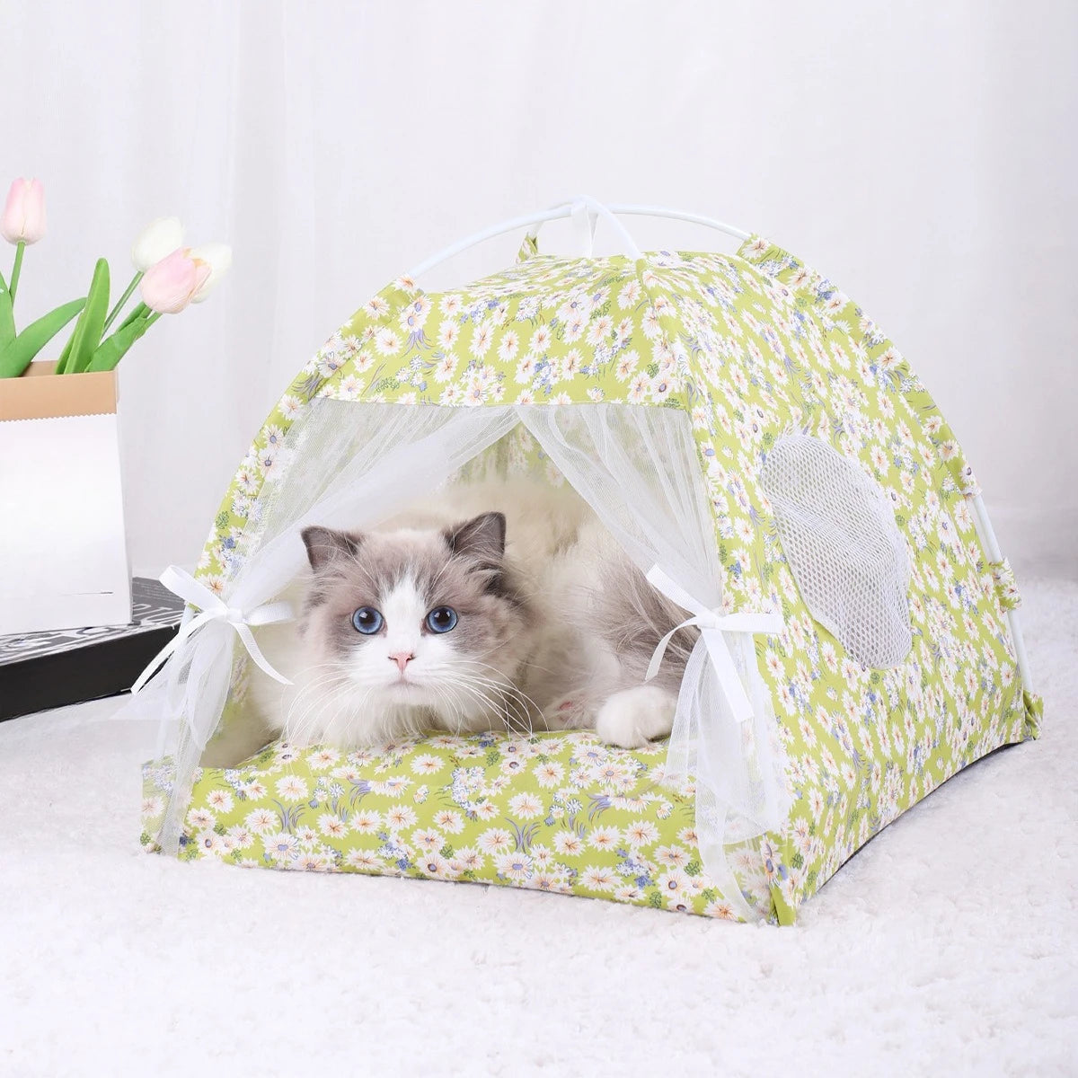Summer Foldable Semi-Enclosed Pet Tent Bed with Breathable Design for Cats and Small Dogs.