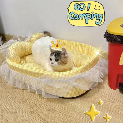 Cute Lace-Trimmed Pet Sofa Bed – Washable Removable Plush Oval Cushion for Cats & Small Dogs, Four-Season Princess-Style Sleeping Bed.