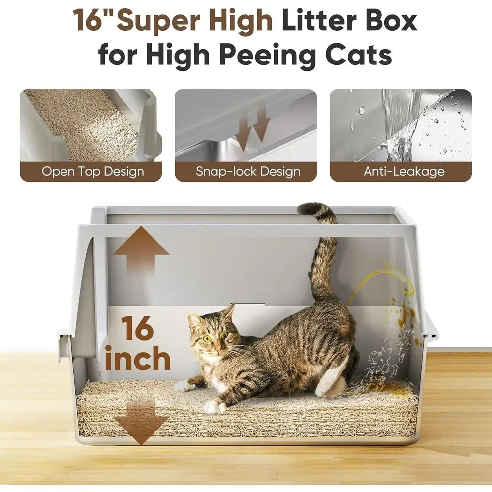 16" High-Sided Stainless Steel Litter Box with Lid – XL/XXL Extra Large Enclosed Metal Cat Litter Box for Big Cats & Kittens, Odor & Stain Resistant Design.