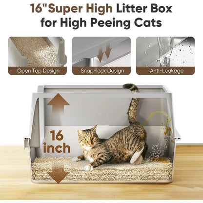 16" High-Sided Stainless Steel Litter Box with Lid – XL/XXL Extra Large Enclosed Metal Cat Litter Box for Big Cats & Kittens, Odor & Stain Resistant Design.