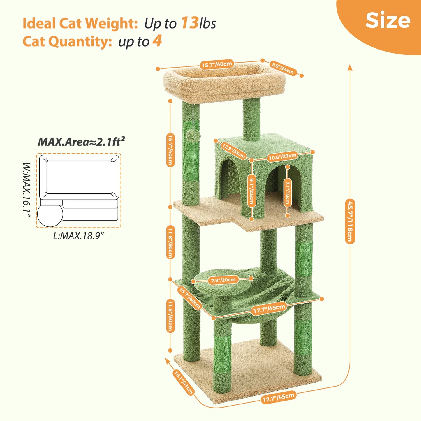 Cactus Cat Tree Tower – Large Indoor Cat Furniture with Metal Plush Hammock, 2-Door Condo House & Spacious Top Perch for Cats.