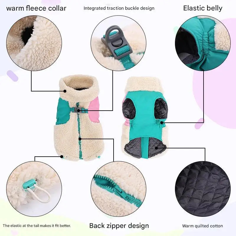 Winter Dog Coat – Warm Windproof Lamb Fleece Vest with Leash Clip, Soft Pet Jacket for Small, Medium & Large Dogs (S–2XL).