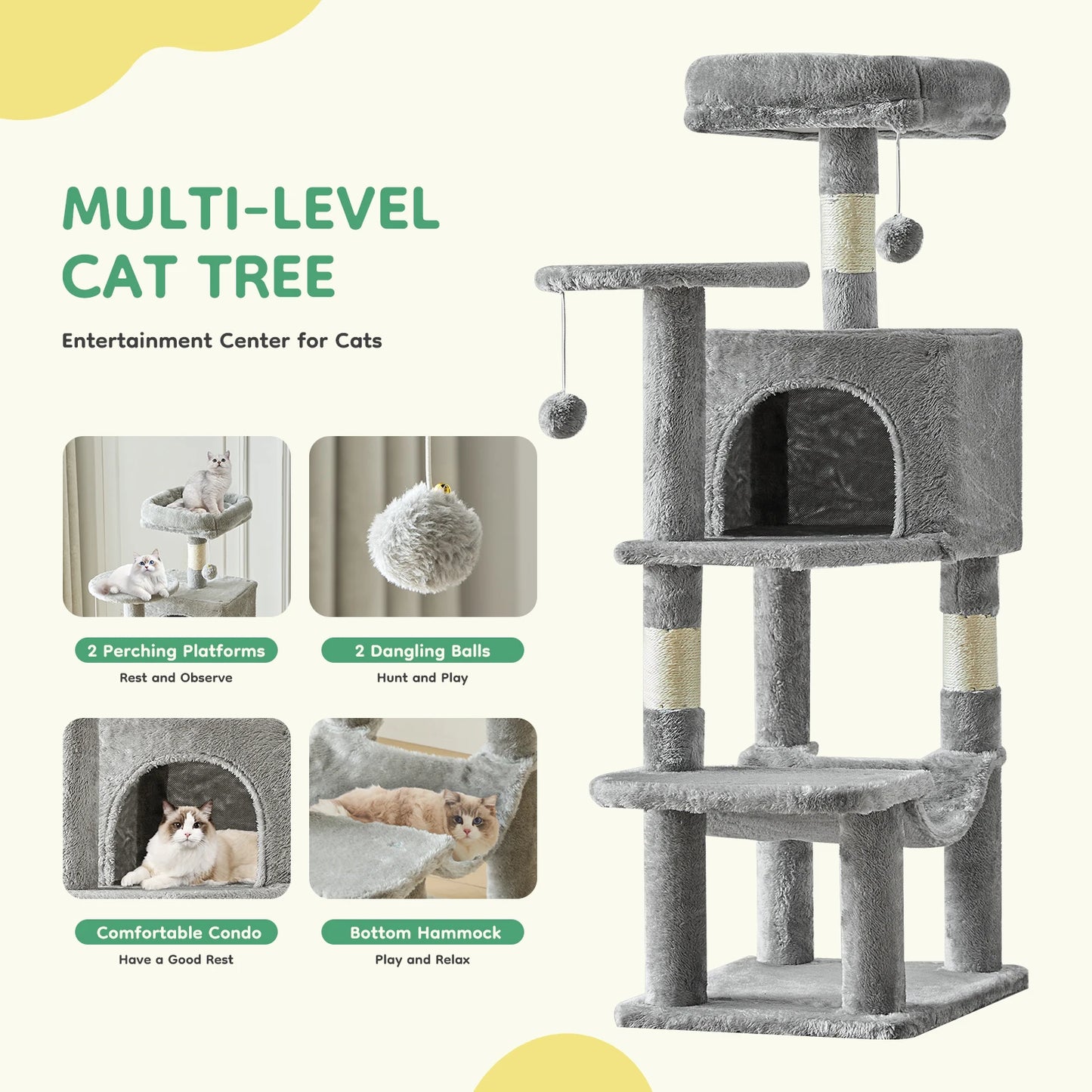 JHK 44" Cat Tree – Tall Multi-Level Climbing Tower with Sisal Scratching Posts & Stable Indoor Cat House Furniture.