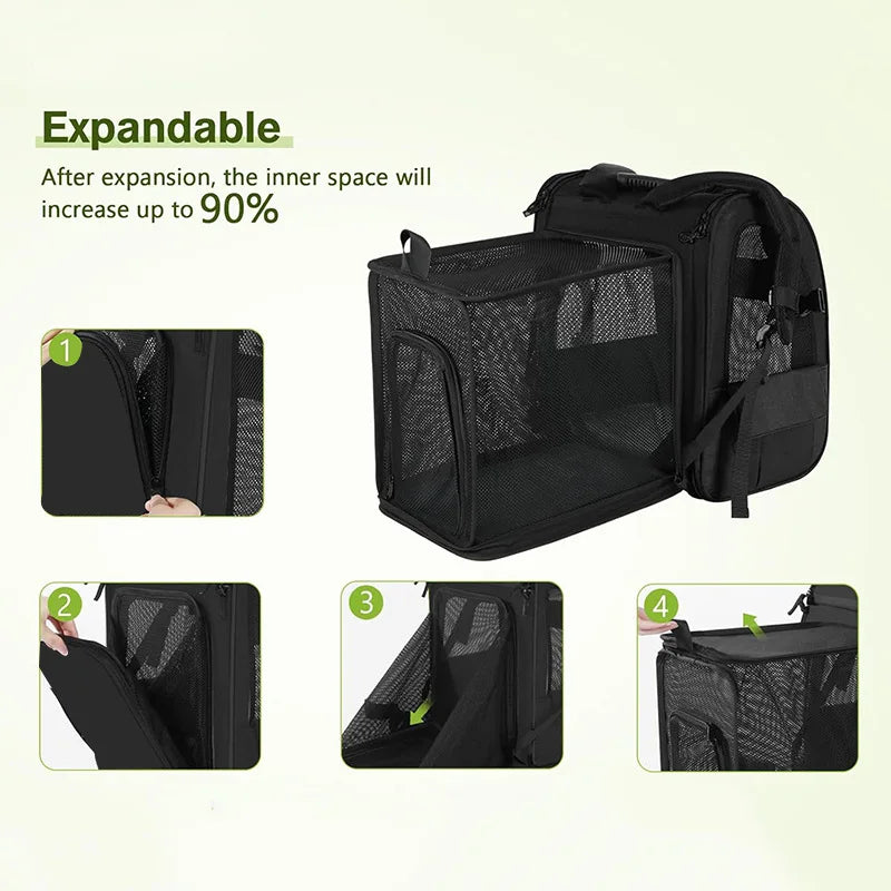 Expandable Cat Carrier Backpack – Breathable Mesh Pet Travel Bag with Shade Cover for Hiking, Camping & Outdoor Adventures.