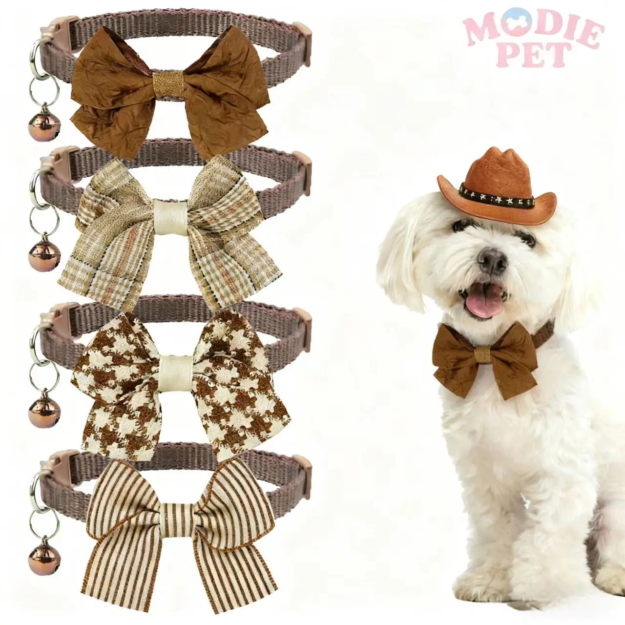 1/4PCS Winter Dog & Cat Collar Set – Adjustable Bowknot Collar with Bell and Safety Buckle for Puppies, Chihuahuas & Cats.