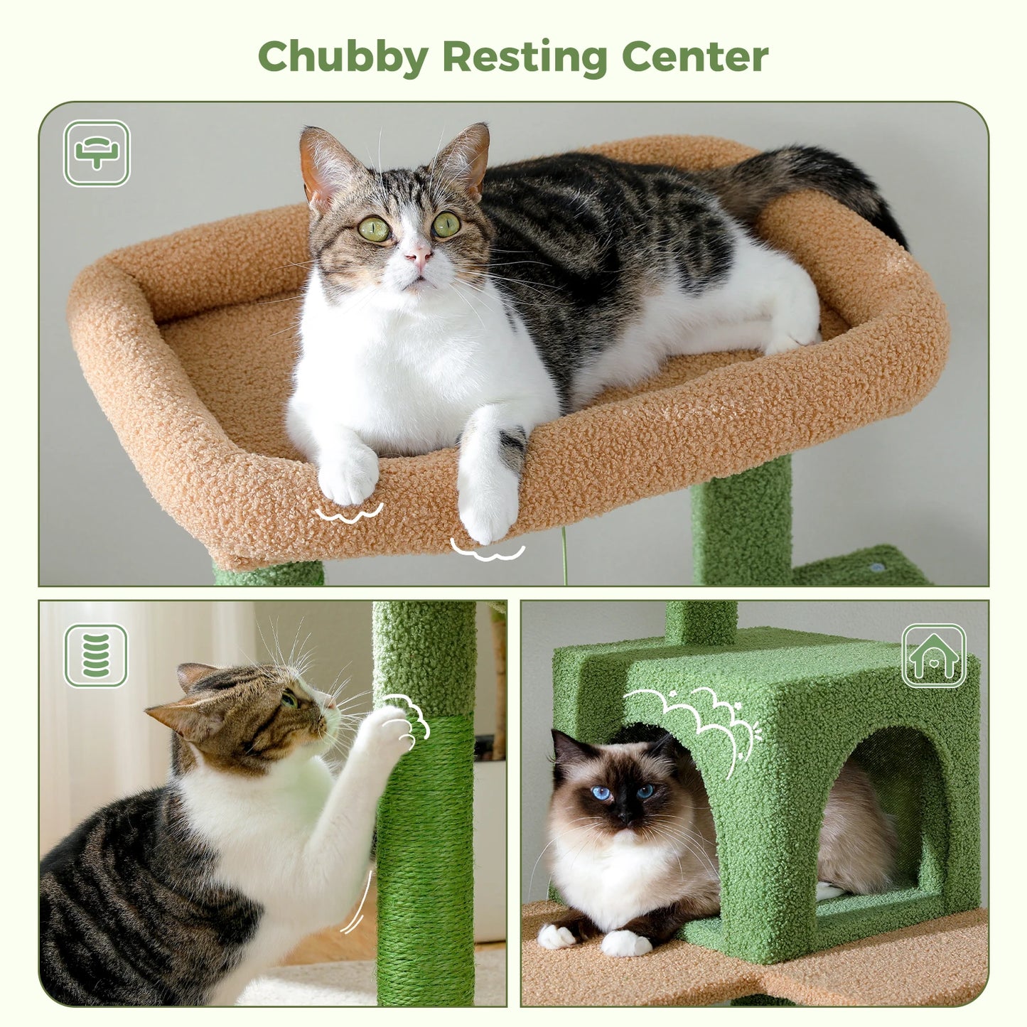 Cactus Cat Tree Tower – Large Indoor Cat Furniture with Metal Plush Hammock, 2-Door Condo House & Spacious Top Perch for Cats.