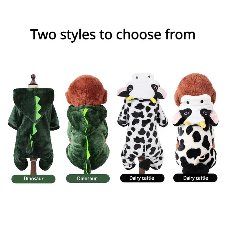 Autumn & Winter Coral Velvet Dog Outfit – Thick Warm Dinosaur or Cow Costume for Small Dogs & Puppies