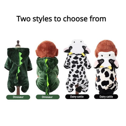 Autumn & Winter Coral Velvet Dog Outfit – Thick Warm Dinosaur or Cow Costume for Small Dogs & Puppies