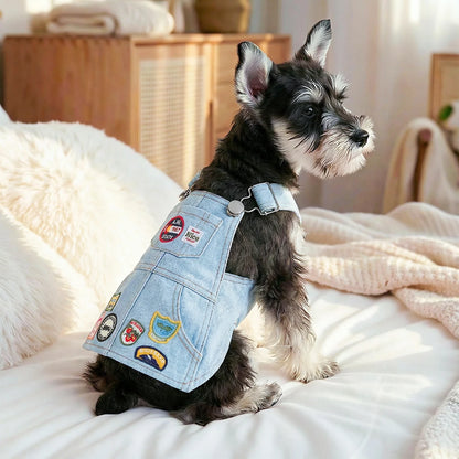 Retro Denim Pet Dress – Stylish Badge Skirt for Cats & Small Dogs, Cute Summer Outfit for Outdoor Adventures.