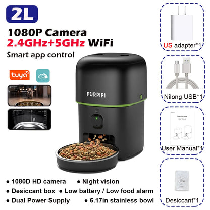 1080P HD Camera Smart Pet Feeder – 5G WiFi Automatic Kibble Dispenser with Tuya App Control for Cats & Dogs.