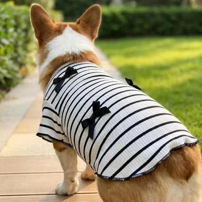 Striped Bow Tie Pet T-Shirt – Soft Ice Silk Breathable Spring & Summer Shirt for Small Dogs & Cats.