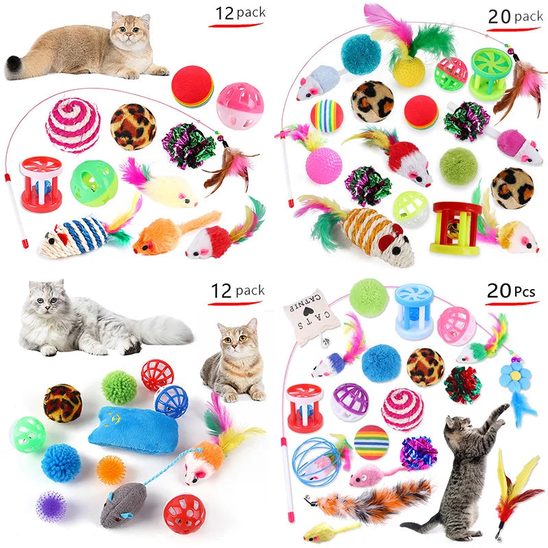 12PCS/20PCS Cat Toy Set – Interactive Kitten Toy Variety Pack with Teaser Wand, Sisal Mice, Bell Balls & Fun Cat Accessories.