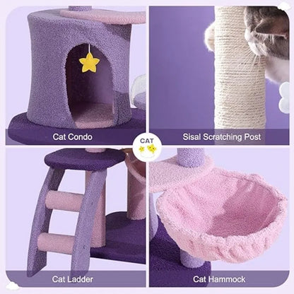 Cute 65-Inch Cat Tower – Large Pink & Purple Cloud-Themed Cat Tree Castle Condo Mansion for Indoor Cats.
