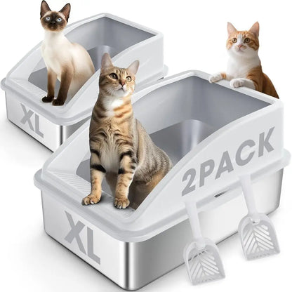 2-Pack Stainless Steel Litter Boxes – XL Enclosed Cat Litter Boxes with Lids for Large Cats & Multi-Cat Homes, High-Sided Anti-Urine-Leakage Design.