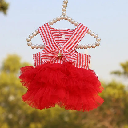 Summer Lace Dress – Cute Striped Princess Skirt Outfit for Dogs & Cats, Lightweight Puppy Fashion Apparel.