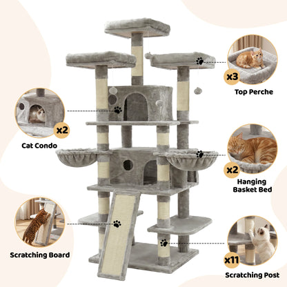 FOOWIN 173cm Multi-Level Cat Tree Tower – Indoor Activity Center with 2 Condos, 3 Plush Perches & Scratching Posts for Kittens & Cats.