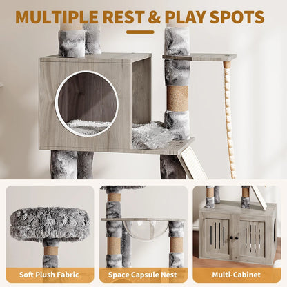 66.9-Inch Modern Cat Tree with Litter Box Enclosure – Multi-Layer Cat Tower with Storage Cabinet & Sisal Scratching Posts for Indoor Cats.