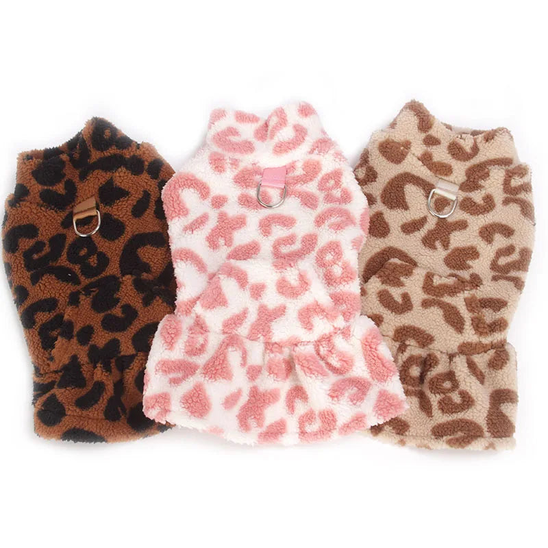 Leopard Dog Dress Coat – Winter Fleece Pullover Hoodie Vest for Small Dogs, Sleeveless Puppy Sweatshirt with Skirt Design.