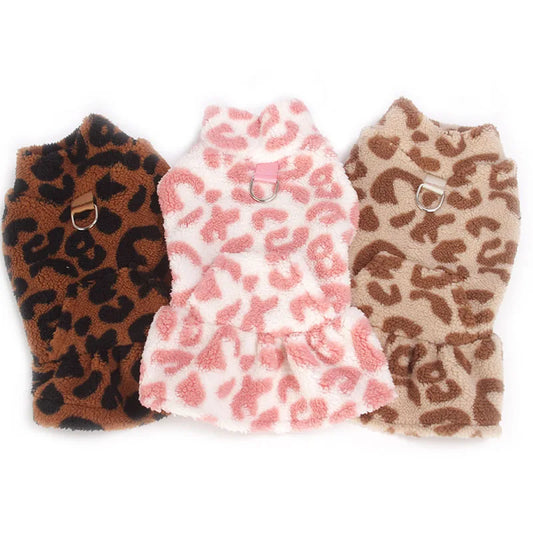 Leopard Dog Dress Coat – Winter Fleece Pullover Hoodie Vest for Small Dogs, Sleeveless Puppy Sweatshirt with Skirt Design.