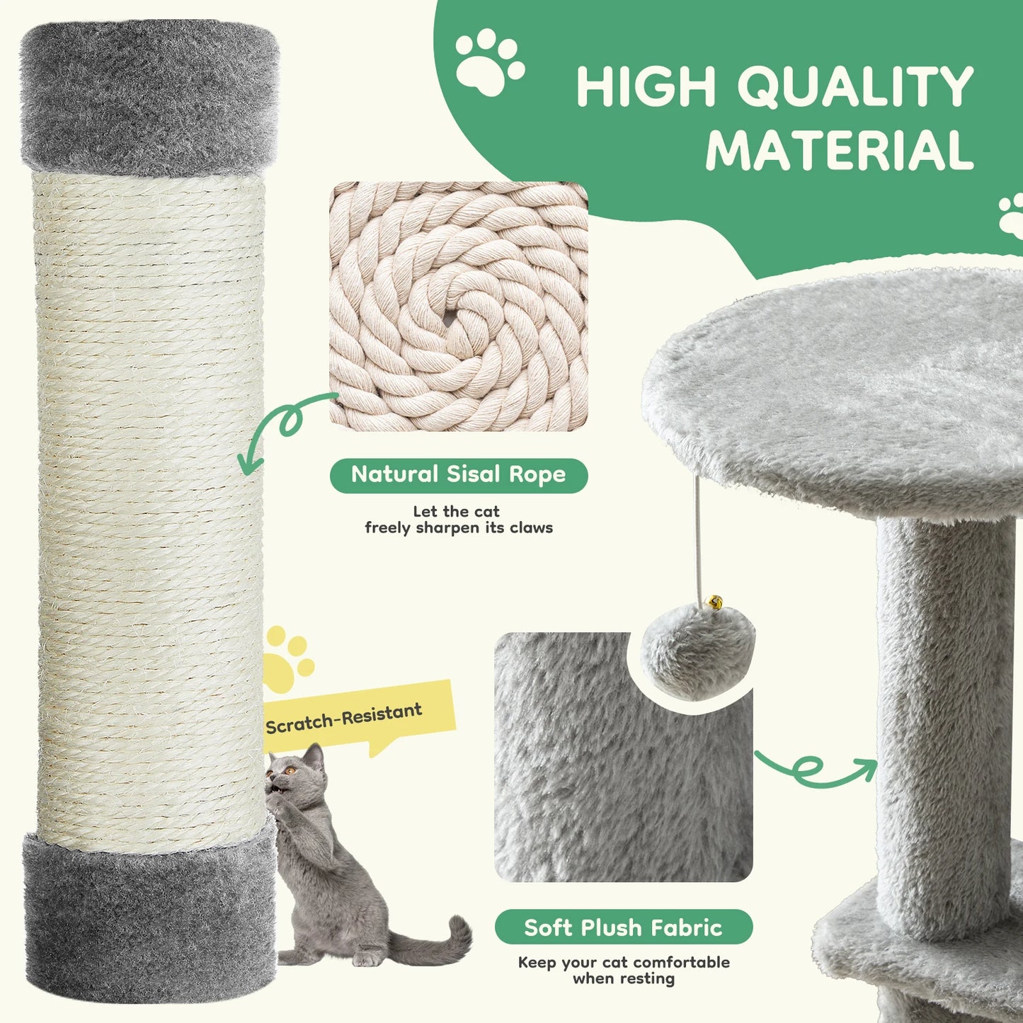 JHK 44" Cat Tree – Tall Multi-Level Climbing Tower with Sisal Scratching Posts & Stable Indoor Cat House Furniture.