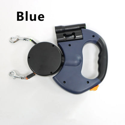 Auto Retractable Double Dog Leash – 3M Dual Traction Rope with LED Flashlight, Waste Bag Holder & 360° Tangle-Free Design for Pets.