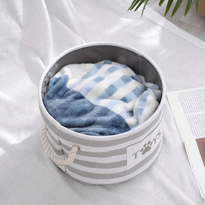 Foldable Striped Pet Toy Storage Basket with Woven Rope Handles
