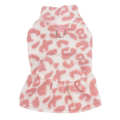 Leopard Dog Dress Coat – Winter Fleece Pullover Hoodie Vest for Small Dogs, Sleeveless Puppy Sweatshirt with Skirt Design.