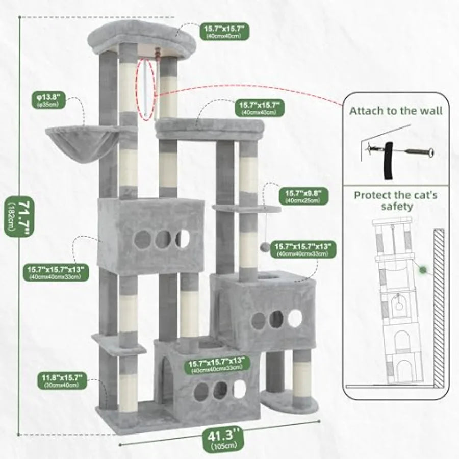 71.7-Inch Tall Cat Tree for Large Adult Cats – Heavy-Duty Multi-Level Cat Tower with 3 Spacious Condos for Indoor Cats Over 20 lbs.