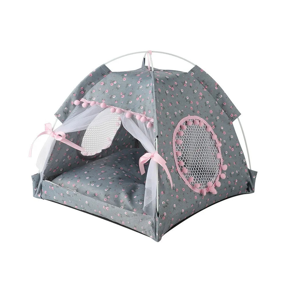 Foldable Princess Pet Tent Bed with Floral Print and Removable Cushion for Cats and Small Dogs.
